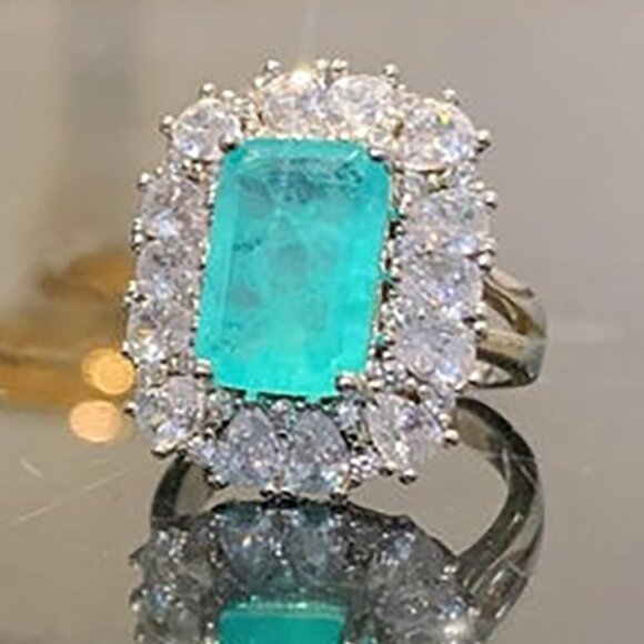 🍂  925 Silver Exclusive Blue Emerald Cut Cubic Zirconia Ring, FB16FA1064 - Picture 1 of 6